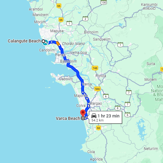 Calangute to Varca Route Calangute to Varca Route
