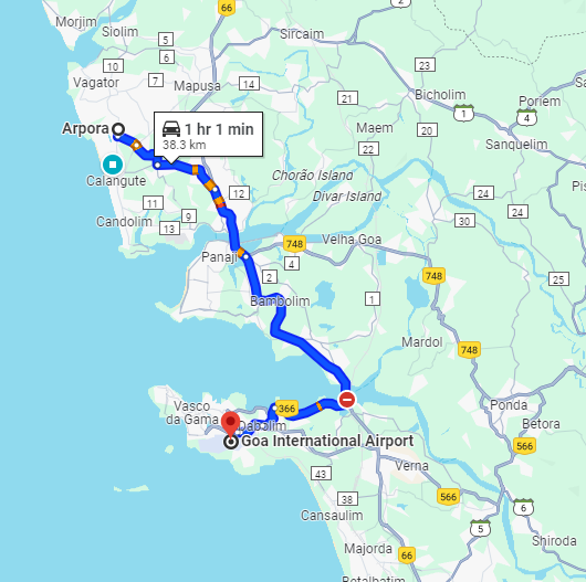 Arpora to Dabolim Airport Route Arpora to Dabolim Airport Route