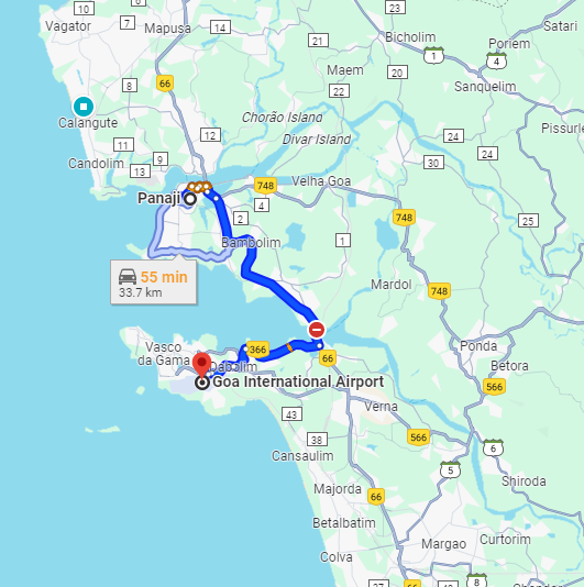 Panjim to Dabolim Airport Route Panjim to Dabolim Airport Route