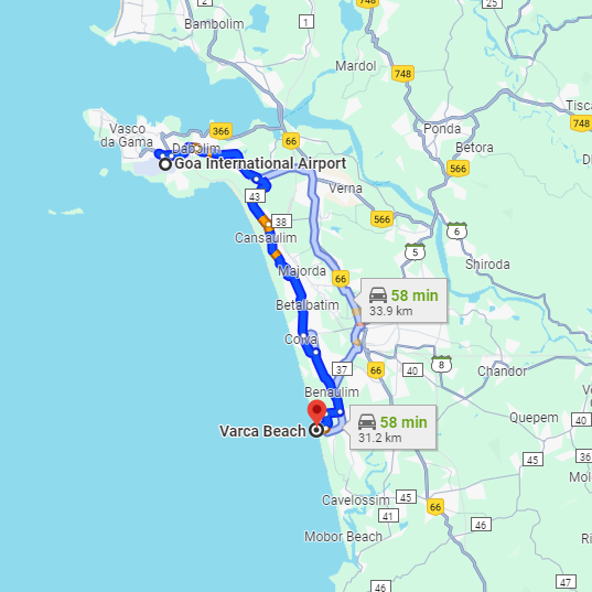 Dabolim Airport to Varca Route Dabolim Airport to Varca Route