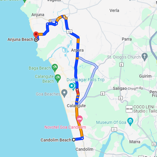 Candolim to Anjuna Route Candolim to Anjuna Route