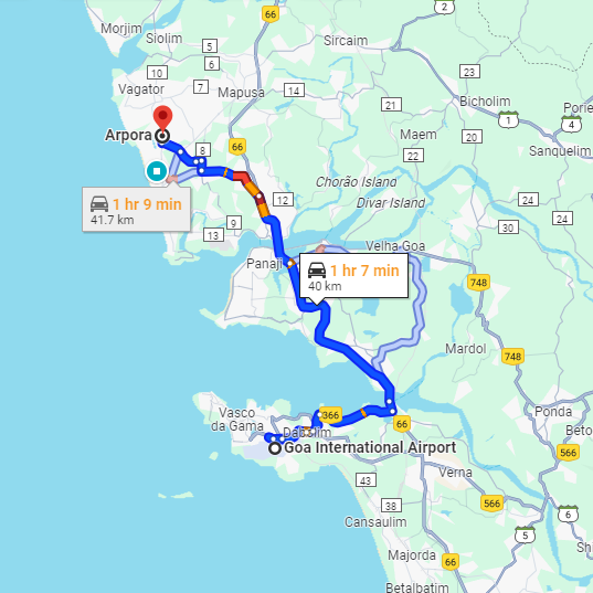 Dabolim Airport to Arpora Route Dabolim Airport to Arpora Route