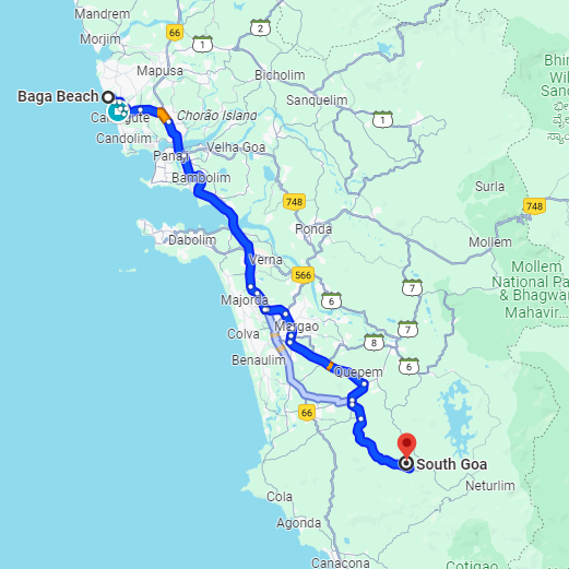Baga to South Goa Route Baga to South Goa Route