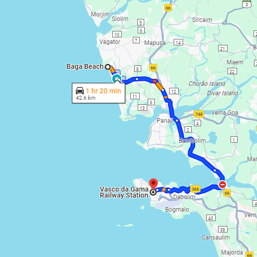 Baga to Vasco Railway Station Route Baga to Vasco Railway Station Route