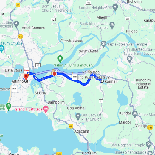 Karmali to Altinho Route Karmali to Altinho Route
