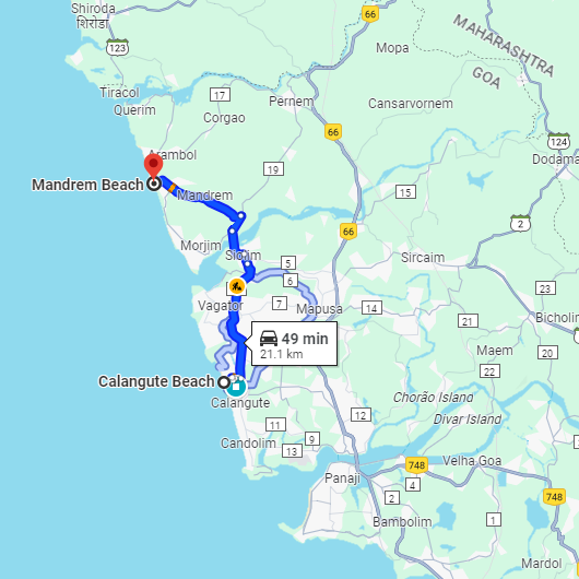 Calangute to Mandrem Route Calangute to Mandrem Route