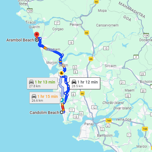 Candolim to Arambol Route Candolim to Arambol Route