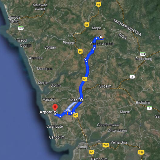 Arpora to Mopa Route Arpora to Mopa Route