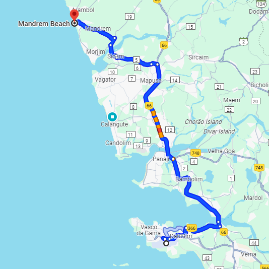 Dabolim Airport to Mandrem Route Dabolim Airport to Mandrem Route