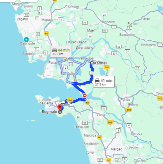 Karmali to Bogmallo Route Karmali to Bogmallo Route