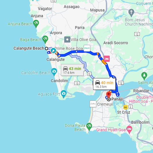 Calangute to Panaji Route Calangute to Panaji Route
