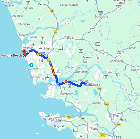 Karmali to Anjuna Route Karmali to Anjuna Route