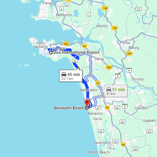 Dabolim Airport to Benaulim Route Dabolim Airport to Benaulim Route
