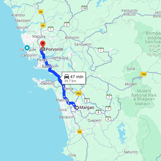 Madgaon to Porvorim Route Madgaon to Porvorim Route