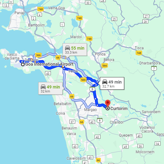Dabolim Airport to Curtorim Route Dabolim Airport to Curtorim Route
