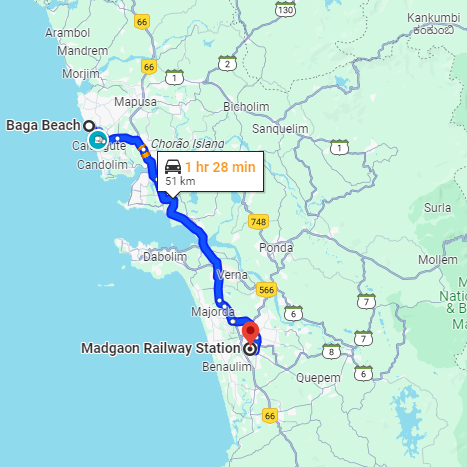Baga to Madgaon Railway Station Route Baga to Madgaon Railway Station Route