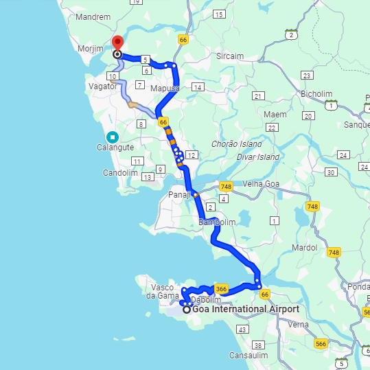 Dabolim Airport to Siolim Route Dabolim Airport to Siolim Route