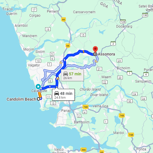 Candolim to Assanora Route Candolim to Assanora Route