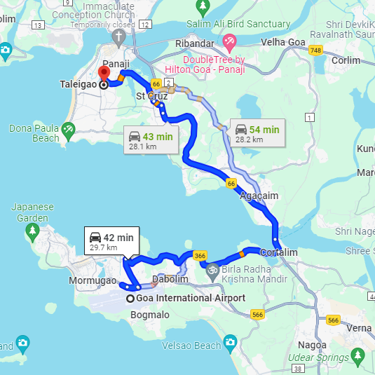Dabolim Airport to Taligao Route Dabolim Airport to Taligao Route