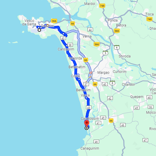 Dabolim Airport to Mobor Route Dabolim Airport to Mobor Route