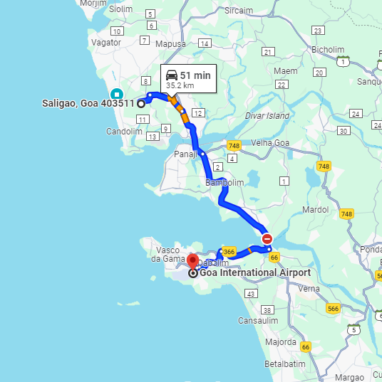 Saligao to Dabolim Airport Route Saligao to Dabolim Airport Route