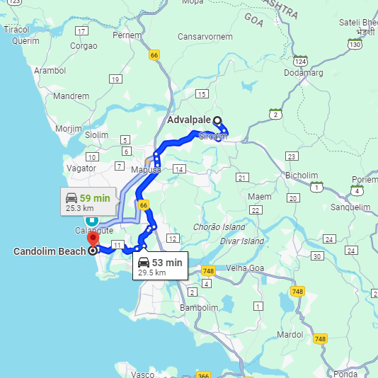 Candolim to Advuapal Route Candolim to Advuapal Route