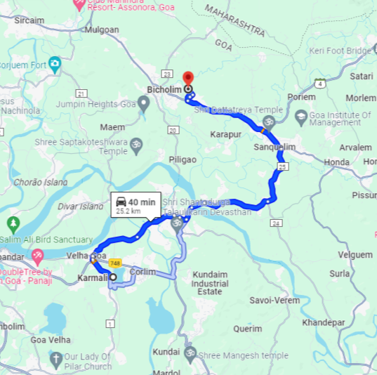 Karmali to Bicholim Route Karmali to Bicholim Route
