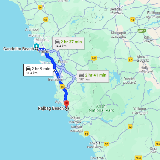Candolim to Raj Bhag Route Candolim to Raj Bhag Route