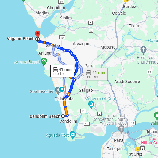 Candolim to Vagator Route Candolim to Vagator Route