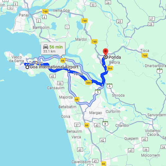 Dabolim Airport to Ponda Route Dabolim Airport to Ponda Route