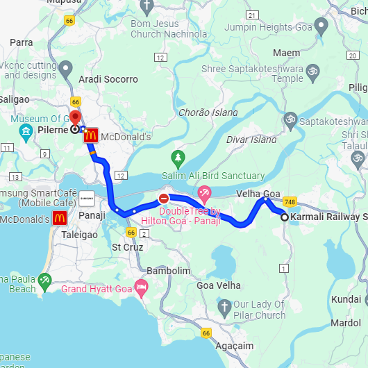 Karmali to Pilerne Route Karmali to Pilerne Route