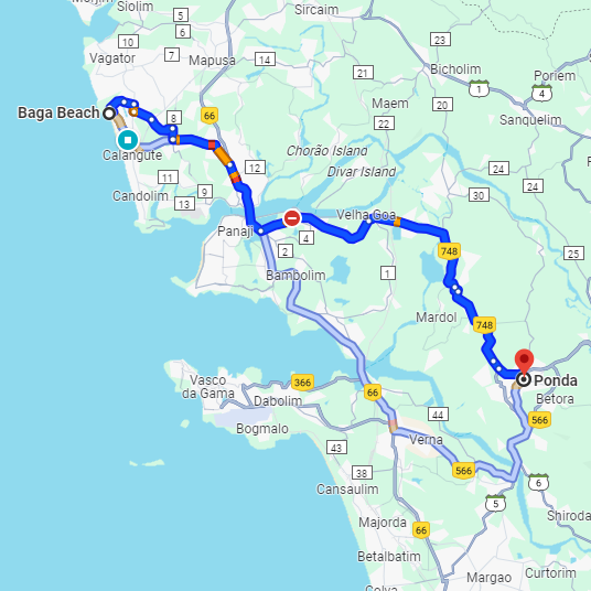 Baga to Ponda Route Baga to Ponda Route