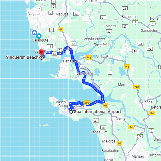 Dabolim Airport to Sinquerim Route Dabolim Airport to Sinquerim Route