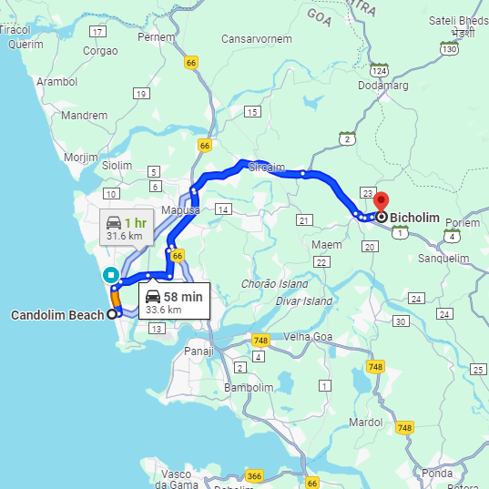 Candolim to Bicholim Route Candolim to Bicholim Route