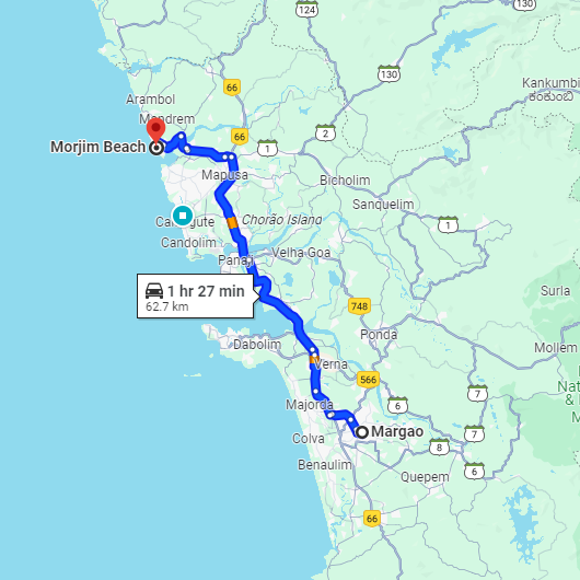 Madgaon to Morjim Route