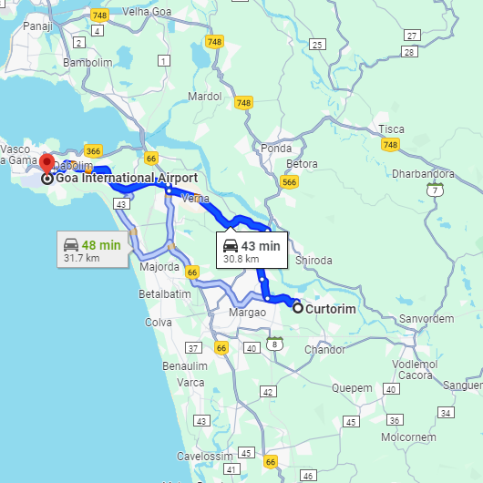 Curtorim to Dabolim Airport Route Curtorim to Dabolim Airport Route