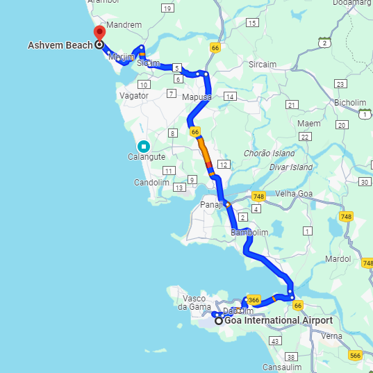 Dabolim Airport to Ashwem Route