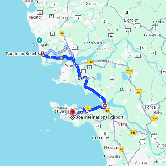 Candolim to Dabolim Airport Route Candolim to Dabolim Airport Route