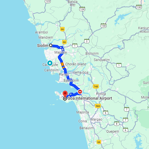 Siolim to Dabolim Airport Route Siolim to Dabolim Airport Route