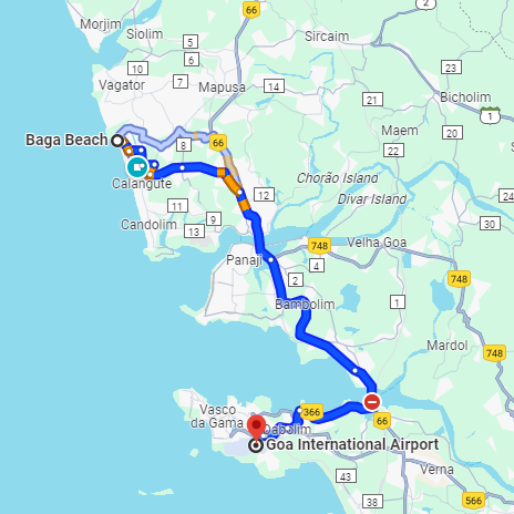 Baga to Dabolim Airport Route Baga to Dabolim Airport Route