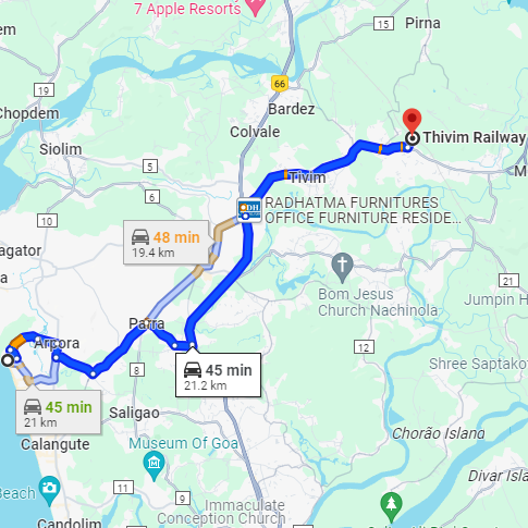 Baga to Thivim Railway Station Route Baga to Thivim Railway Station Route