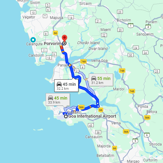 Dabolim Airport to Porvorim Route Dabolim Airport to Porvorim Route