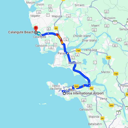 Dabolim Airport to Calangute Route Dabolim Airport to Calangute Route