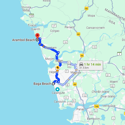 Baga to Arambol Route Baga to Arambol Route