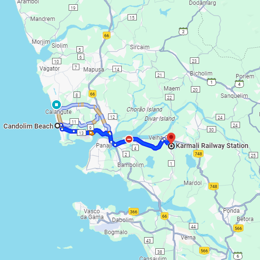 Candolim to Karmali Railway Station Route Candolim to Karmali Railway Station Route