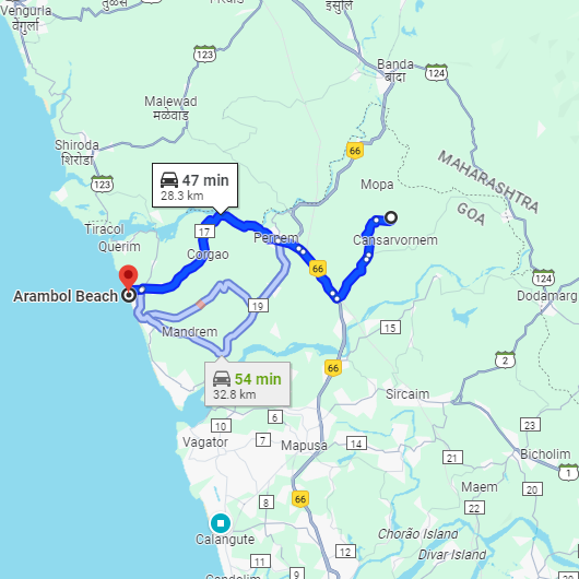 Mopa Airport to Arambol Route Mopa Airport to Arambol Route