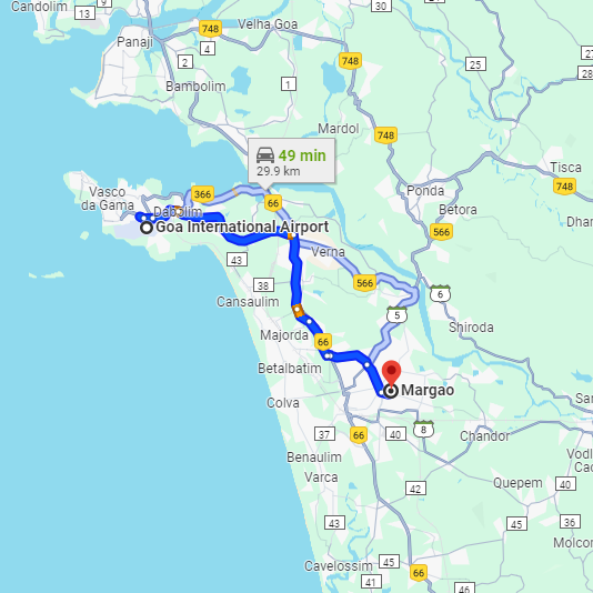 Dabolim Airport to Margao Route Dabolim Airport to Margao Route