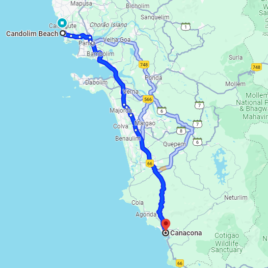 Candolim to Canacona Route Candolim to Canacona Route