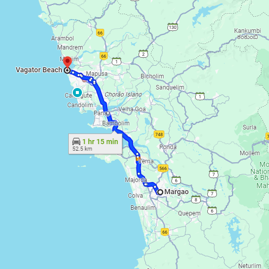 Madgaon to Vagator Route Madgaon to Vagator Route