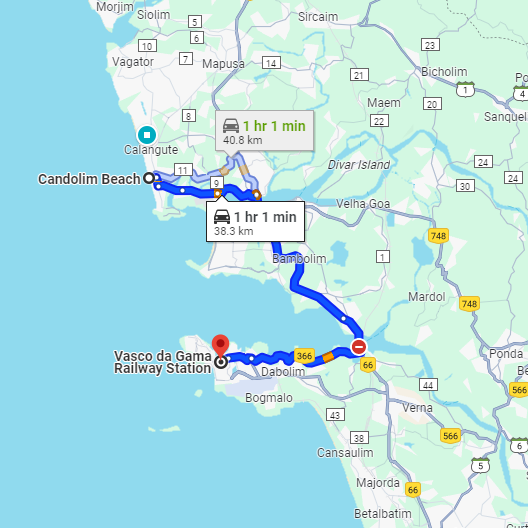 Candolim to Vasco Railway Station Route Candolim to Vasco Railway Station Route